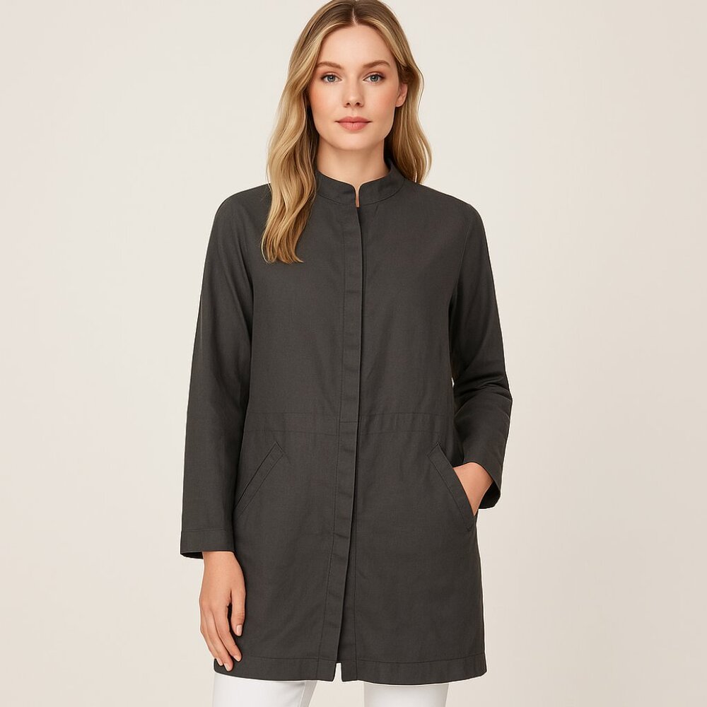 Eileen Fisher Gray Linen Blend Long Top Jacket Duster Mandarin Collar L Large